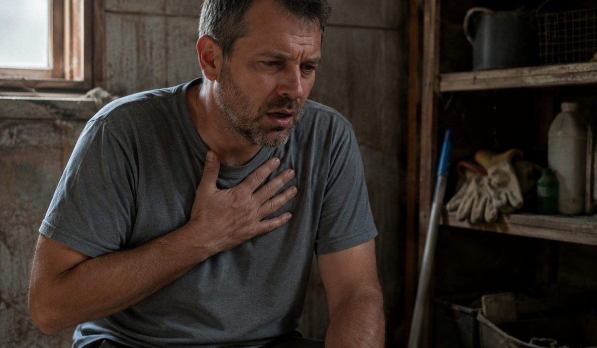 Homme essoufflé tenant sa poitrine dans un local poussiéreux, illustrant les symptômes respiratoires de l’hantavirus