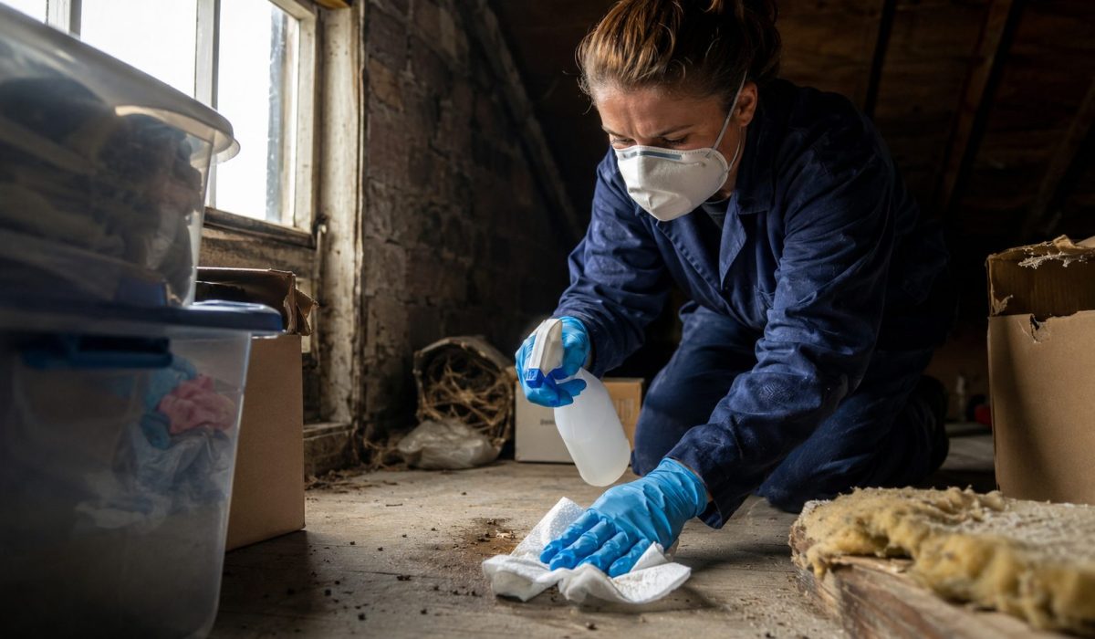 Personne portant des gants et un masque nettoyant des traces de rongeurs dans une maison pour limiter le risque d’hantavirus