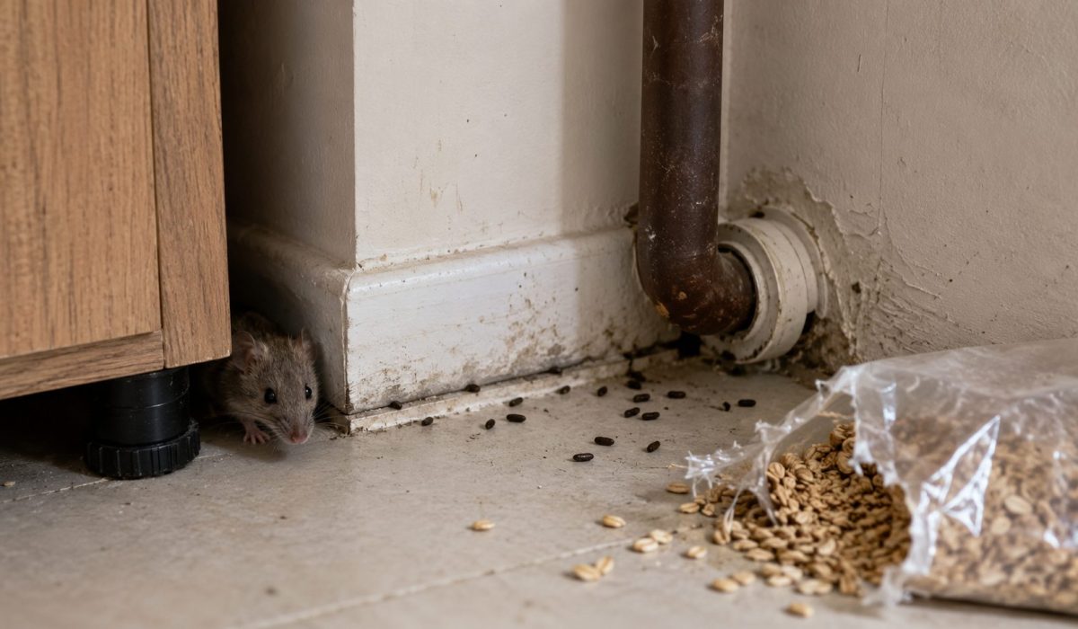 Souris cachée près d’un meuble avec crottes, traces de rongeurs et paquet de nourriture rongé dans une maison