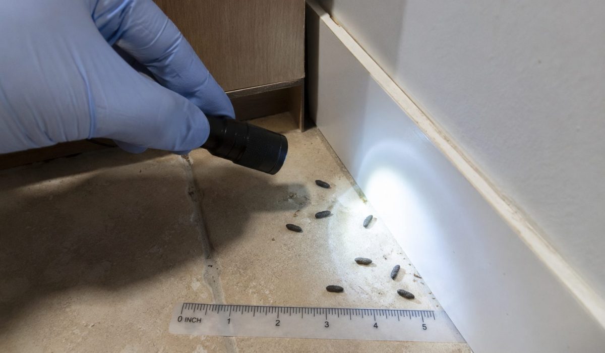 Inspection de crottes de rongeurs au sol avec une lampe et une règle de mesure près d’une plinthe