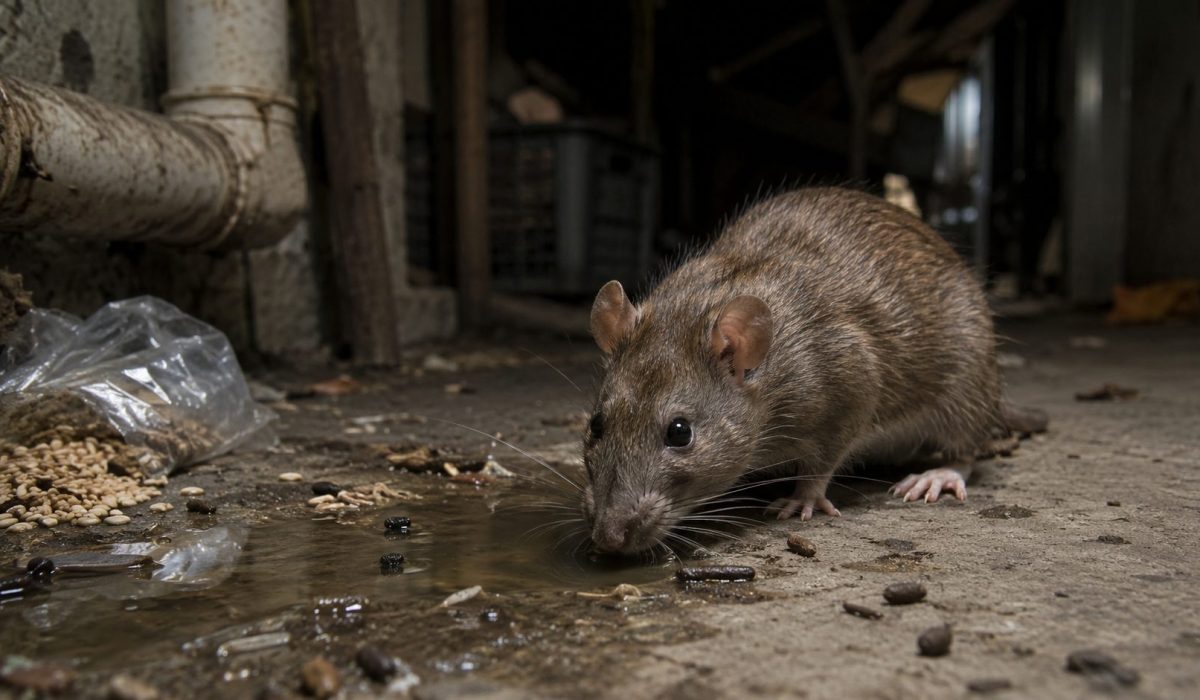 Rat dans un environnement humide et insalubre illustrant les risques de transmission de maladies par les rongeurs.