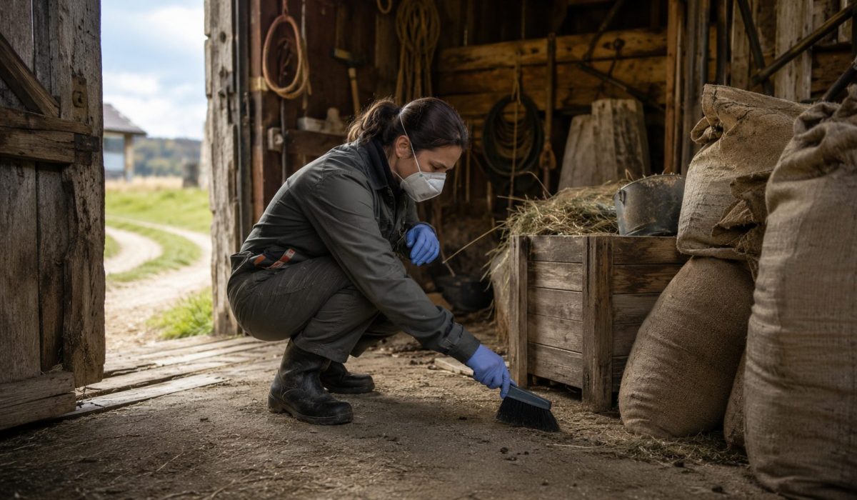 Personne portant un masque et des gants nettoyant prudemment le sol poussiéreux d’une grange en milieu rural pour limiter le risque d’exposition à l’hantavirus.