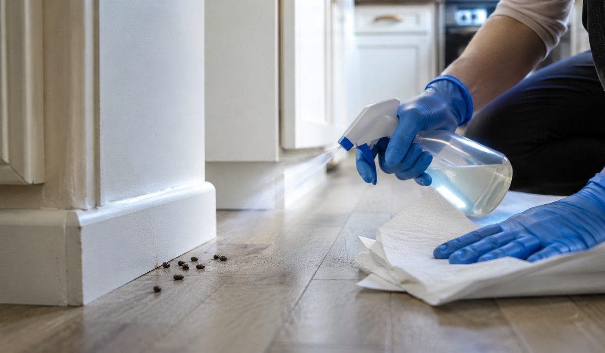 Personne avec des gants bleus désinfectant des excréments de souris près d’une plinthe dans une cuisine