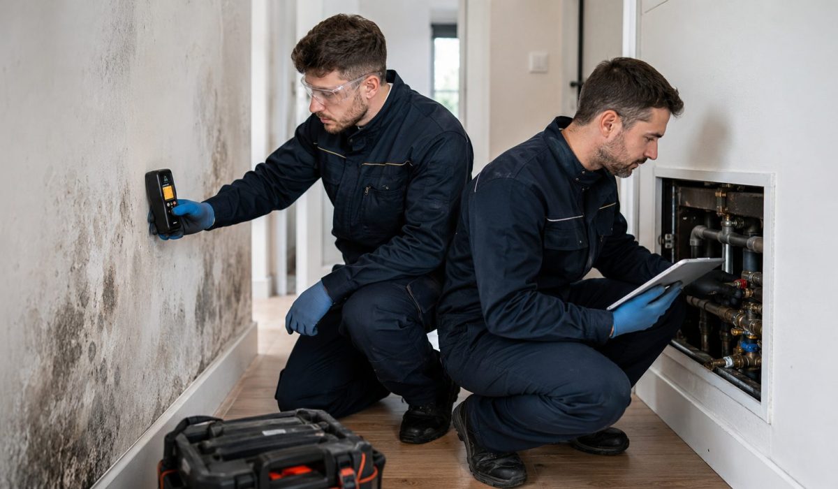 Deux techniciens d’une entreprise spécialisée inspectent un mur humide et un réseau de plomberie dans un logement