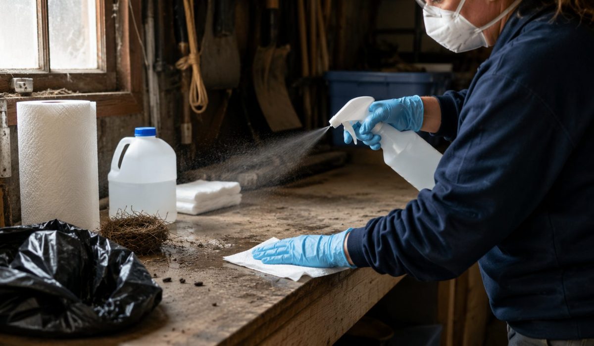 Personne portant des gants et un masque désinfectant une surface poussiéreuse potentiellement contaminée par des déjections de rongeurs liées au risque d’hantavirus