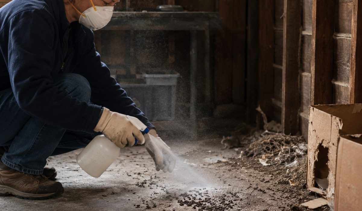 Personne protégée par un masque et des gants nettoyant une zone contaminée par des déjections de rongeurs pouvant transmettre l’hantavirus à l’humain